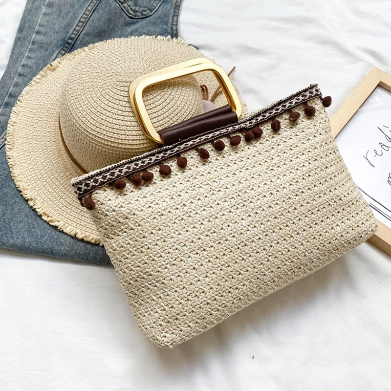 

Handheld square beach bag, handbag, woven bag, simple and casual Korean version, large capacity, ethnic style