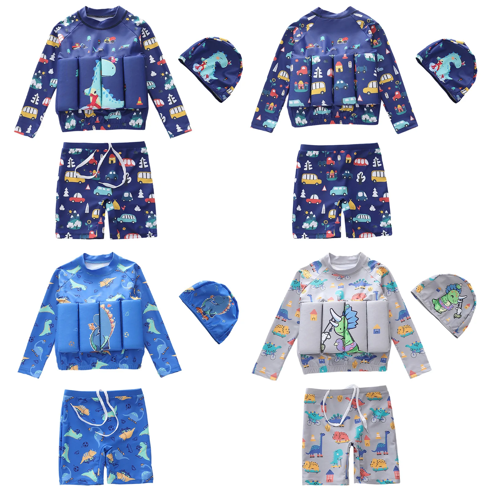 Kids Boys Swimsuit with Floatation Floating Bathing Suit Long Sleeve Buoyancy Top with Shorts And Swim Cap for Summer Beachwear