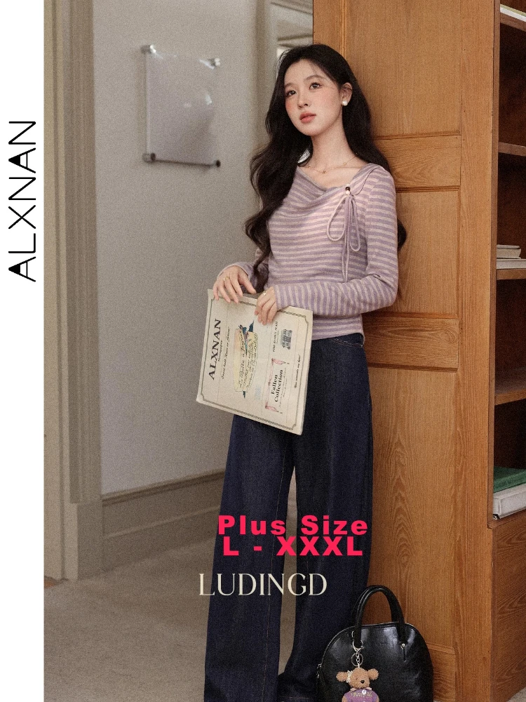 

ALXNAN Plus Size Striped Tops Purple Regular-fit Women's Long Sleeves T-shirts Autumn Tie Slim Commuting Female Clothing D57601