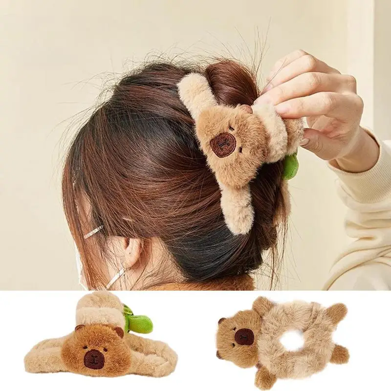 Plush Hair Claw Faux Fur Elegant Acrylic Hairpins Kawaii Capybara Hair Scrunchies Cute Animal Plush Hair Rope Ponytail Holder