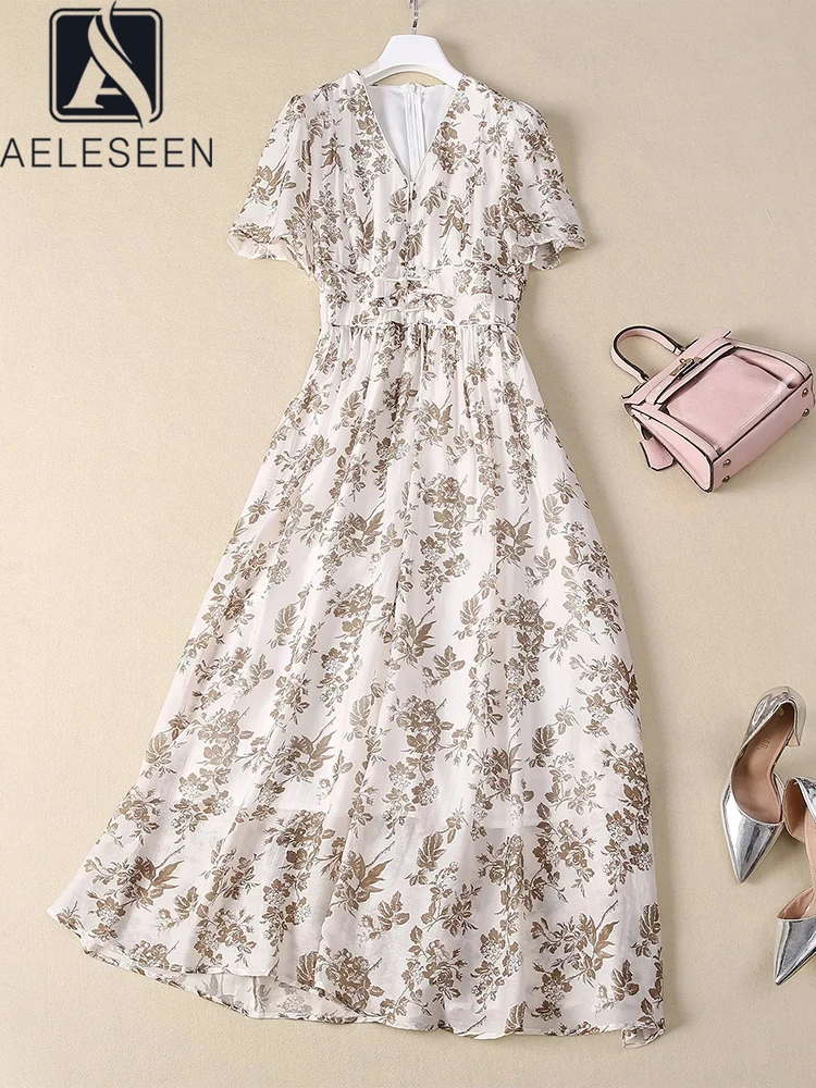 AELESEEN Vintage Midi Dress For Women Summer V-Neck Flower Print Flare Sleeve High Waits Elegant Holiday Vacation