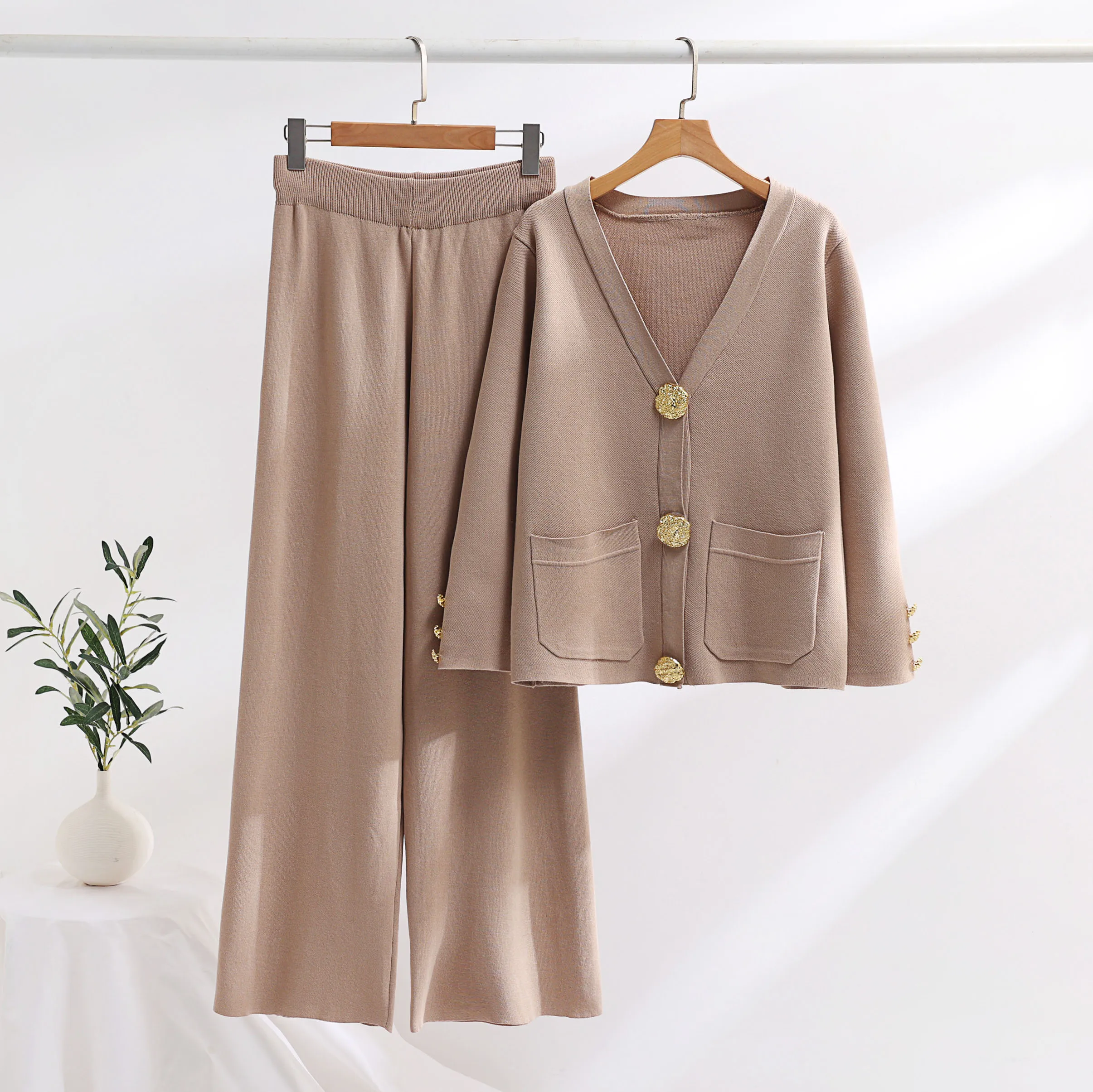 Women Design Cuff Color Contrast Big Gold Button Celebrity Single Breasted Sweater+Loose Wide Leg Trousers Women Two-piece Set