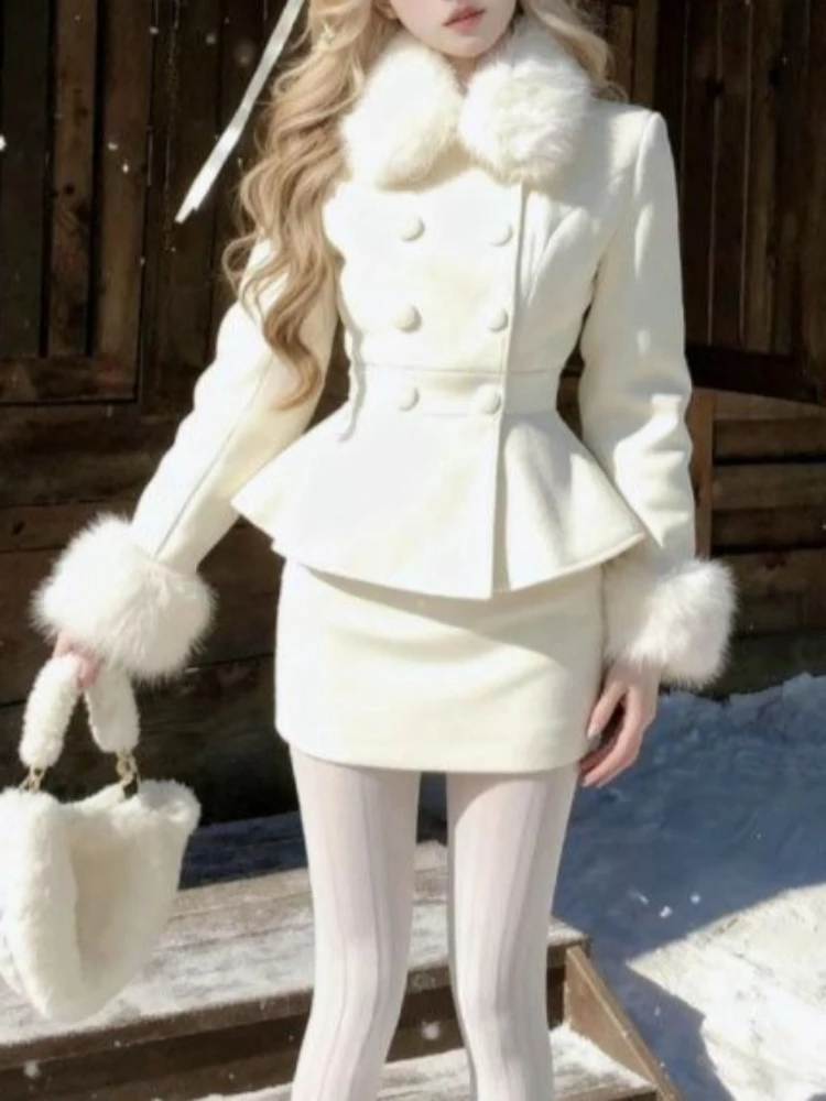 

Зимний элегантный комплект из двух предметов в французском стиле, двубортное теплое шерстяное пальто + облегающая мини-юбка, эстетичный теплый винтажный костюм 2025