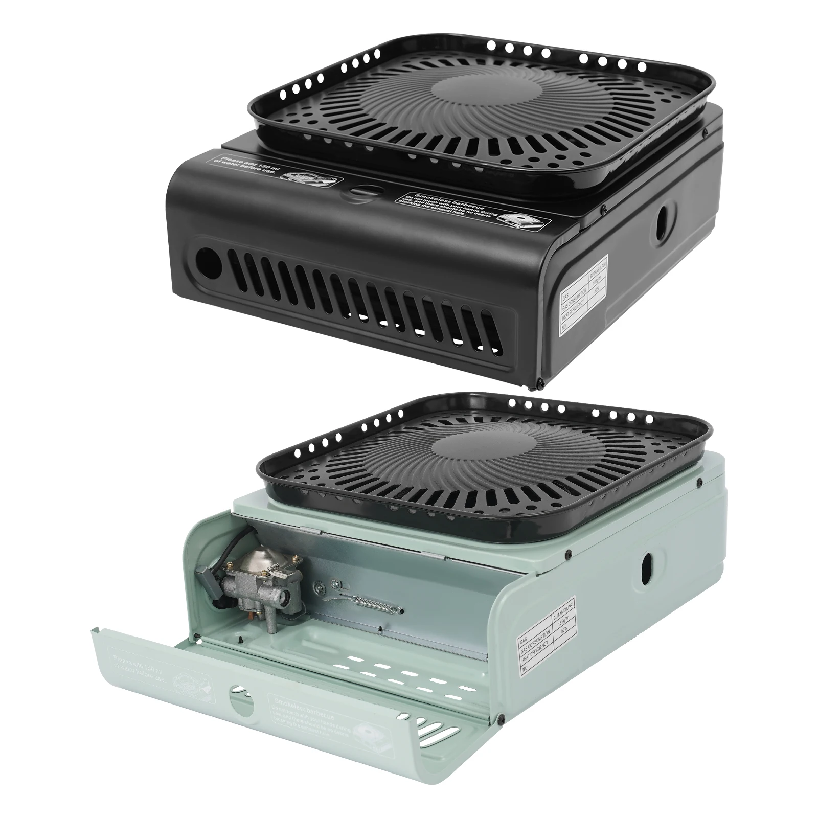 موقد تخييم 2.3 كيلو وات مع حقيبة صينية وحقيبة حمل، موقد تخييم محمول من البروبان، إشعال إلكتروني، أسود/أخضر