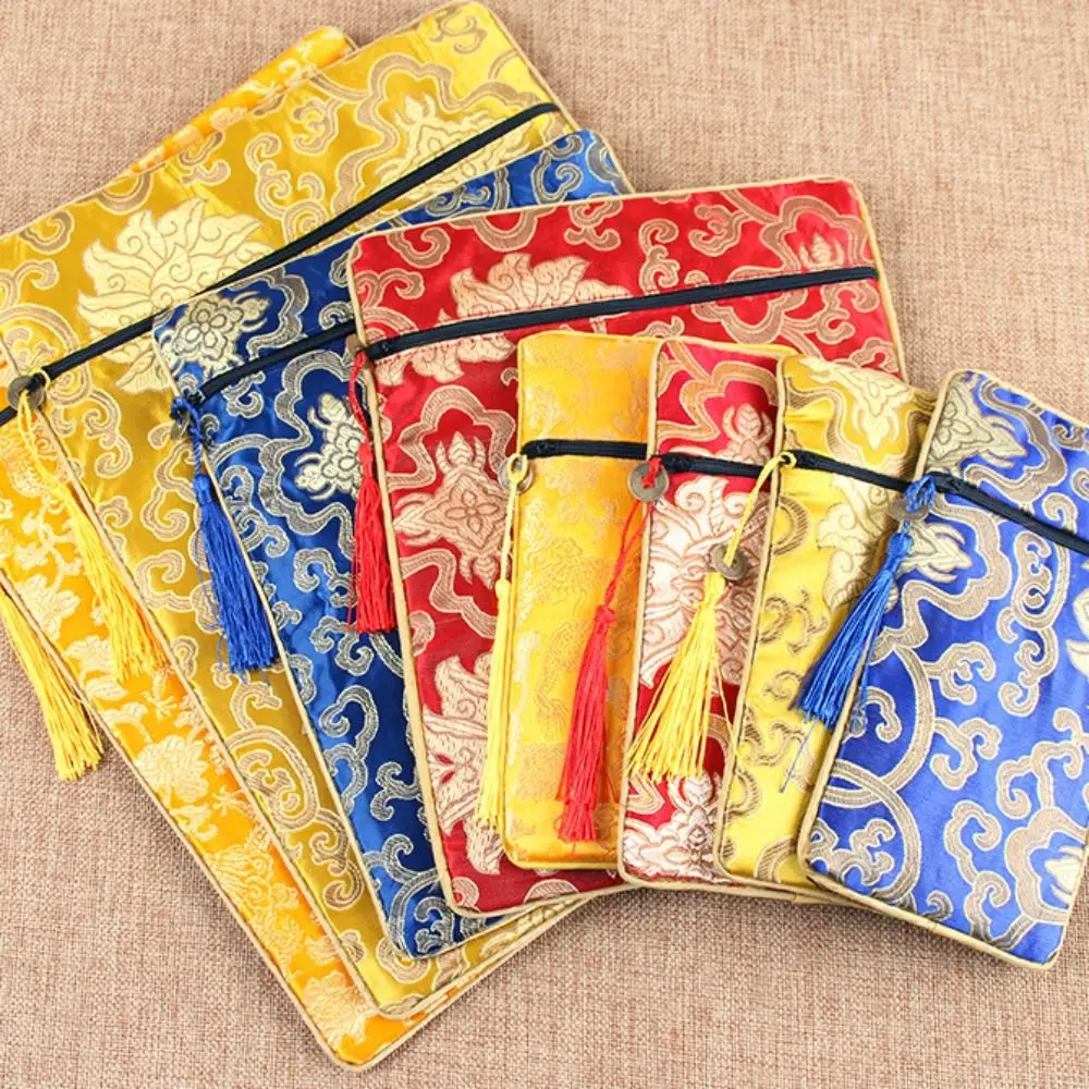 Gift Portable Antique Brocade Lotus Dragon Pattern Buddhist Embroidery Bag Chinese Style Sachet Scripture Bag Jewelry Bag