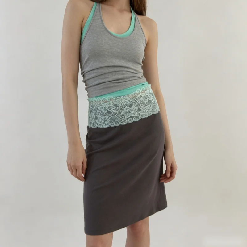 Saia Midi Feminina Y2K Harajuku com Renda na Cintura, Saia Lápis de Cintura Baixa, Casual, Listrada/Sólida, Estilo Streetwear Estético