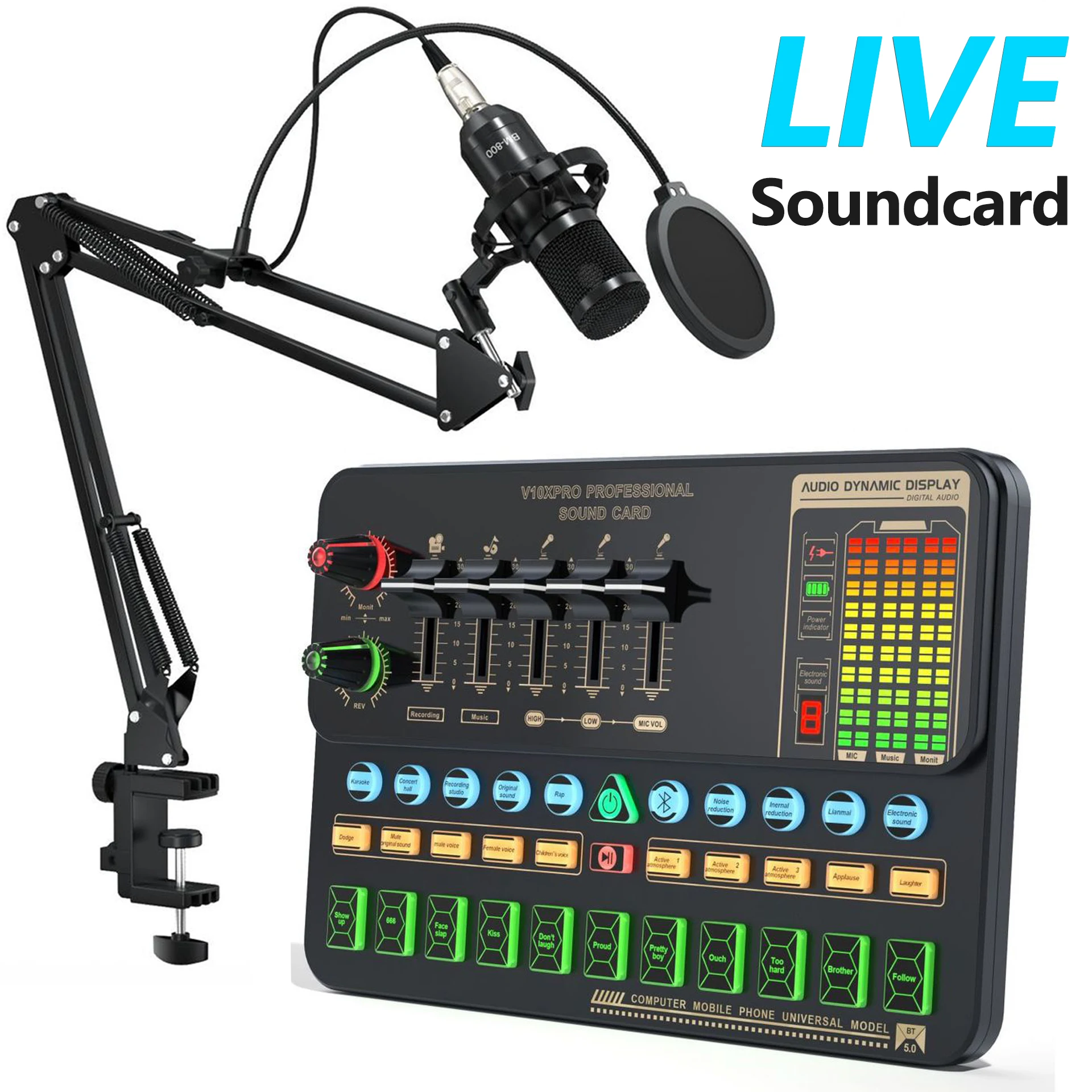 Voice Changer V10xPro Sound Card BM800 Microphone Multiple Sound Effects Sound Mixer Board for Live Streaming Music Recording