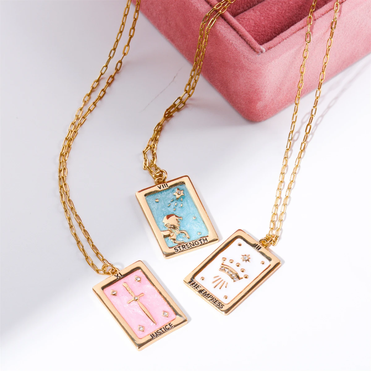 Antique Enamel Tarot Strength Justice Empress Rectangular Pendant Necklace Best Friend Jewelry Gift