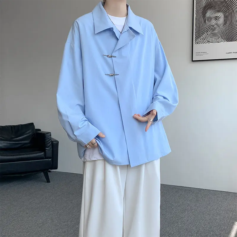 

New Chinese Sle Blue Men's irt Long Sve Loose Fit Casual Versatile Spring Outerwear Polyester Fiber No Ironing Required