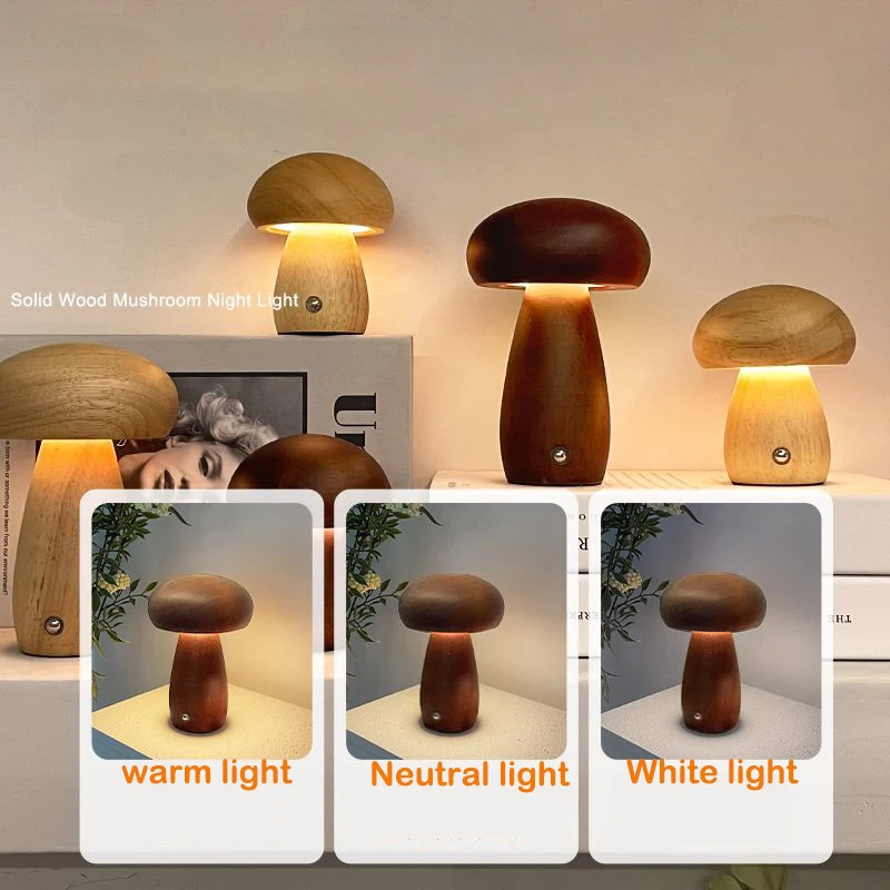 LED bedside table lamp with touch switch 3 colours mushroom night light wooden cute kids room sleep night light girl gift