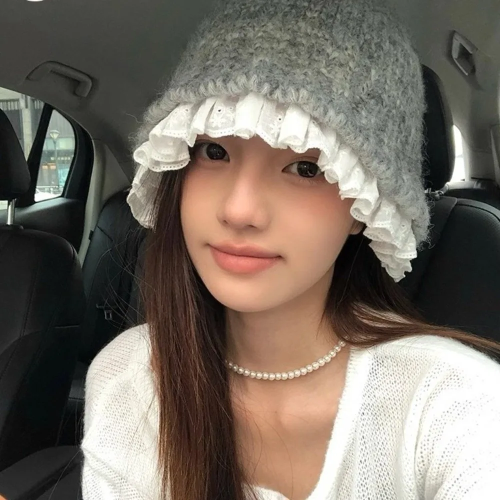달콤한 레이스 트림 니트 어부 모자 얀 솔리드 컬러 여성 버킷햇 큰 머리둘레 한국 스타일 비니 모자 소녀용