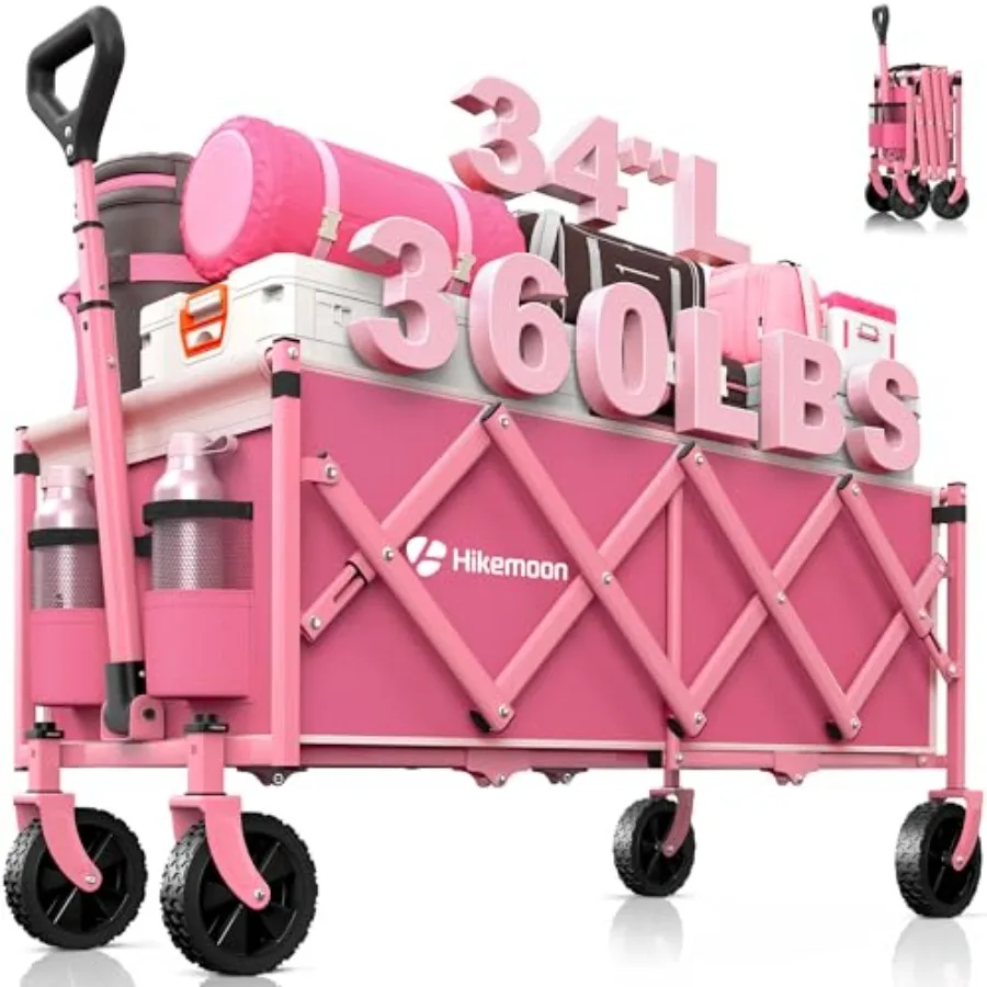 

34'' Extra Long Collapsible Pink Heavy Duty Folding Beach Wagon Cart with Wheels for Grocery Shopping Garden Sports Camping 360