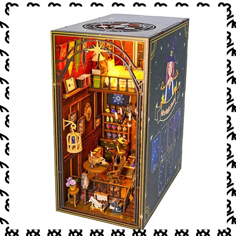 A07I DIYブックヌックキット 木製ハウス 3Dパズル組み立てモデル 組み立て式本棚インサートデコレーション