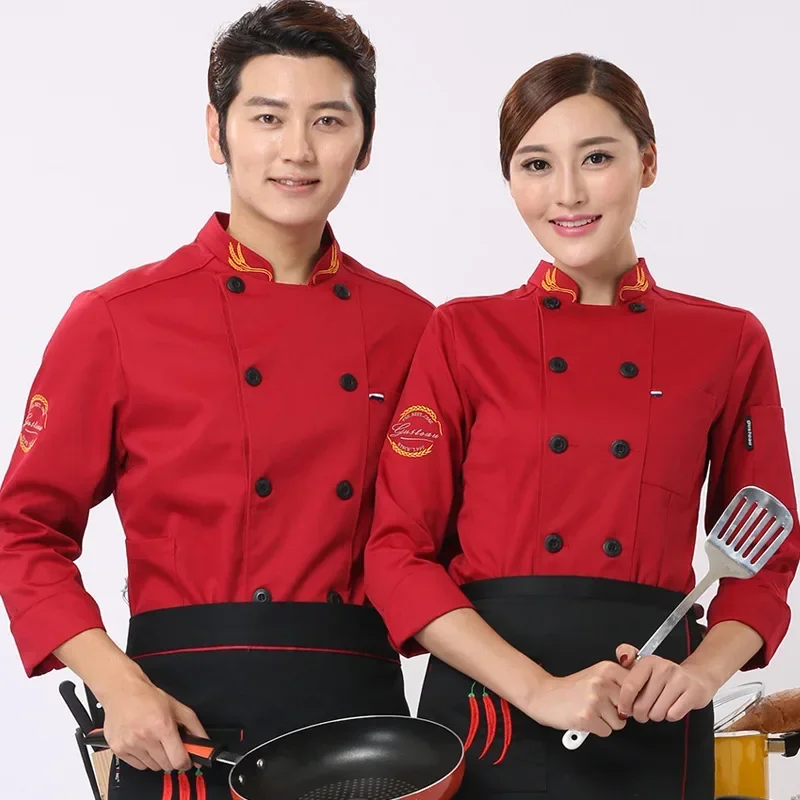 Chef overalls long-sleeved men's clothing hotel restaurant catering chef uniforms short-sleeved womens rear kitchen tooling tops