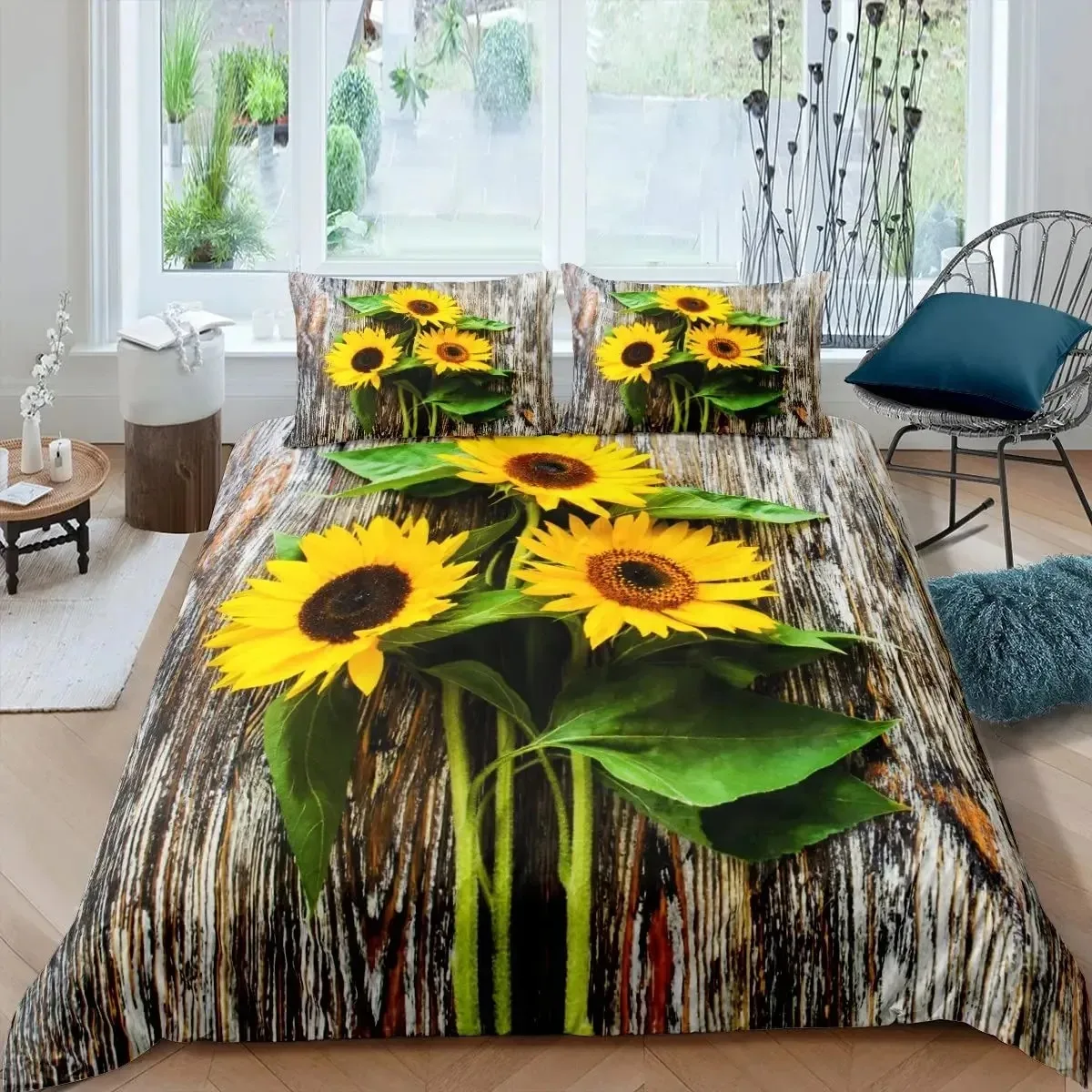Sunflower Duvet Cover Set Full Size for Girl Yellow Flower Bedding Set Botanical Floral Comforter Cover on Teal Wood Quilt Cover