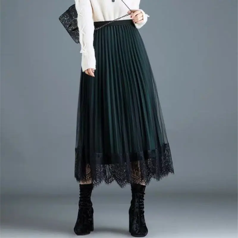 Half Length Skirt Women's Mesh Lace Patchwork Organ Fold Pleated Skirt Front and Back Wearing  Length Classic Lady Half  Skirt