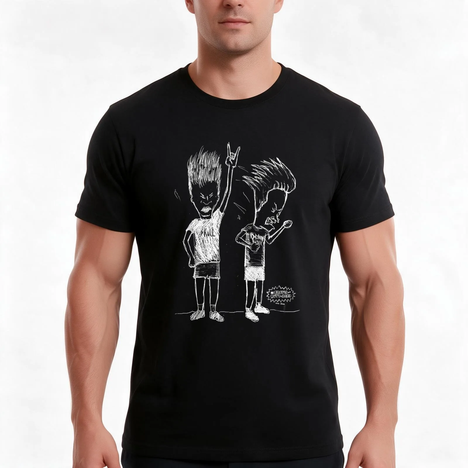 Beavis and Butthead Head Bang Sketch Graphic T-Shirt, Summer Casual Cotton Tee, Oversized Streetwear Tops, Vintage Graphic Print