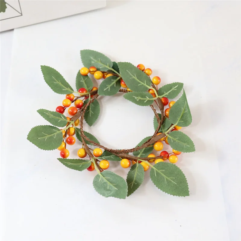 ABMH-6Pcs Christmas Candle Rings Wreath Artificial Berry Candle Rings Tea Light Ring For Xmas Thanksgiving Harvest Decoration