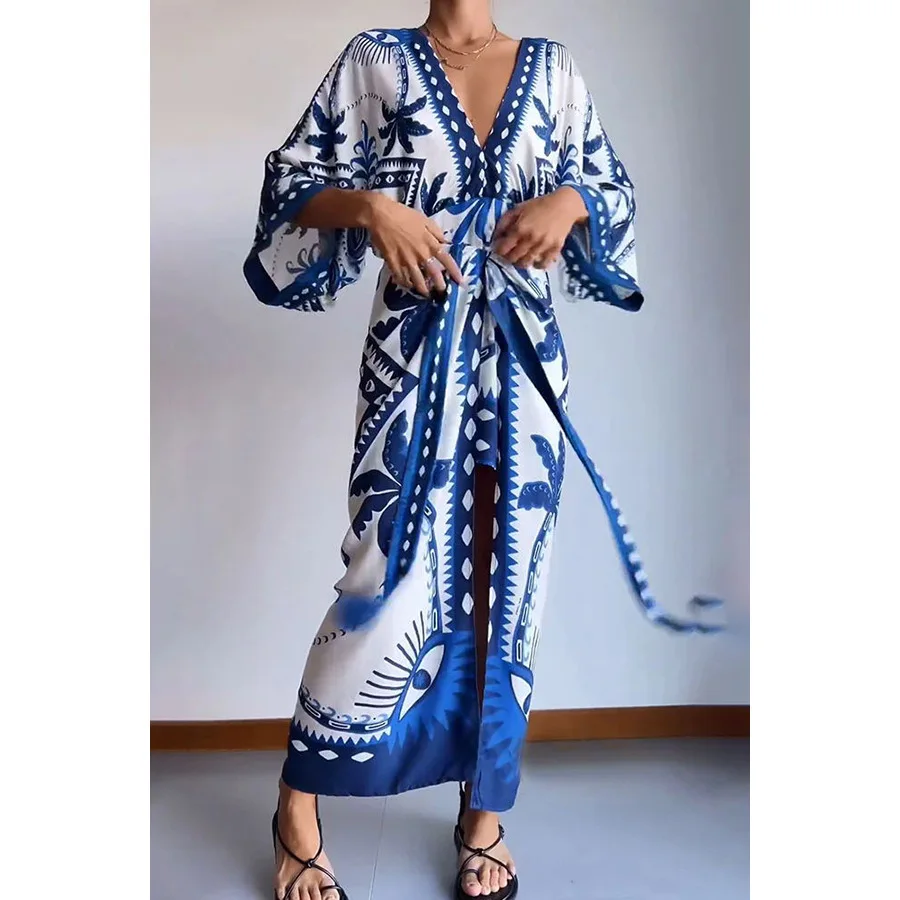 New Fashion Patchwork Lace Up A-line Dress Casual Half Sleeved Bohemian Beach Dresses Sexy Ladies V-neck Printed Long Dress