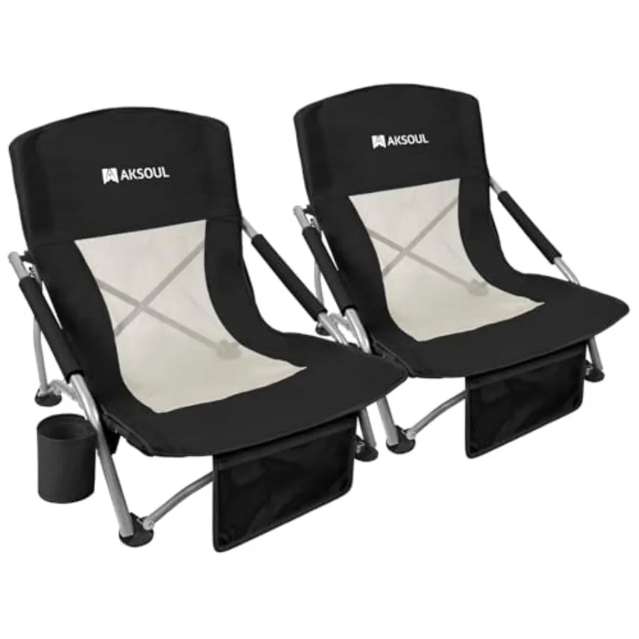 

Folding Beach Chair for Adults: Low/High Back, Polyester, Blue, Extra Wide Seat with Comfortable Pillow Storage Pocket