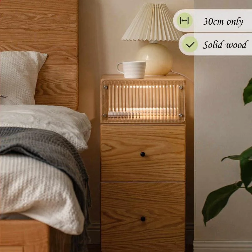 #Solid Oak Wood Hotel Bedroom Nightstand Fluted Glass Top 2-Drawer Slim  Durable Wheels For Small