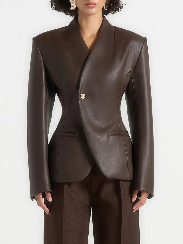 

BJTZ 2026 Spring Autumn Women V Neck Single Button PU Leather Jacket Casual Versatile Commute Outerwear