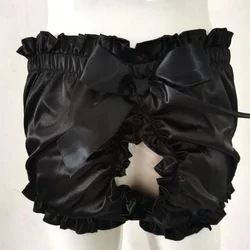 French Sexy Adult Customized Fetishism Crossdressing Sissy High Waist Pleated Silk Smooth Opening Temptation Sweet Bow Shorts