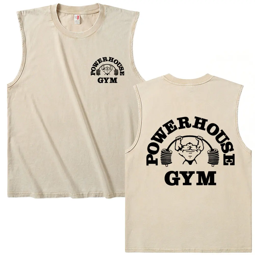 

Powerhouse Gym Logo Print Vintage Washed Tank Tops Men Women Casual Oversized Geek Fitness Oversized Vest T Shirts Streetwear