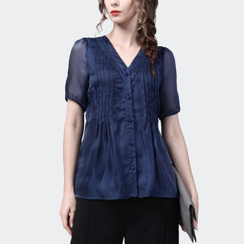 Women's Blue Chiffon Top 2024 Summer New Loose V-neck Pleated Organza Blouse Short Sleeved Casual Button-down shirts