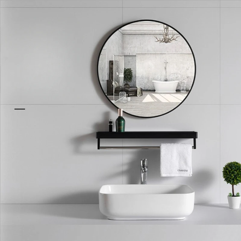 

Nordic round bathroom mirror with shelf, non-perforated bathroom mirror, toilet mirror frame