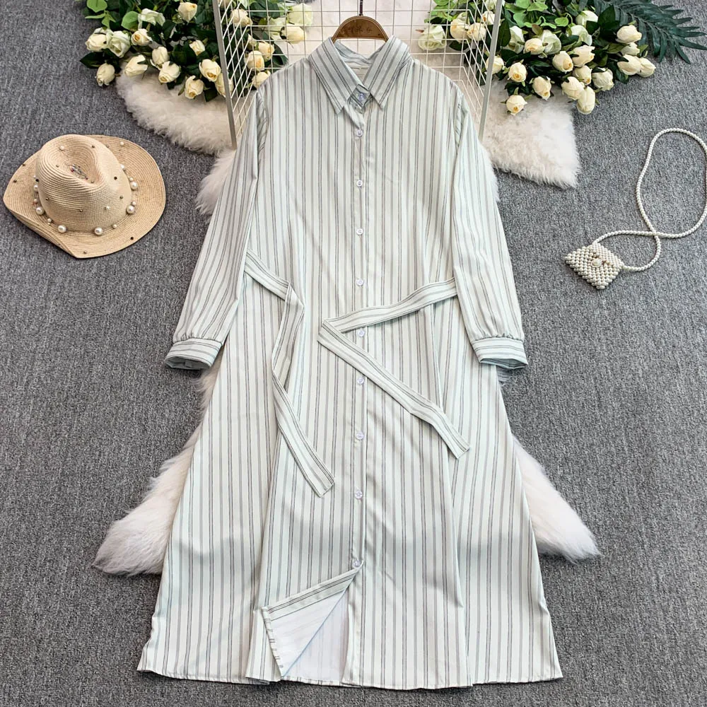 Frauen Vintage Gestreiften Hemd Kleid Frühling Herbst Dünne Große Schaukel A-Line Lose Spitze-Up Lange Einreiher Büro Dame kleider