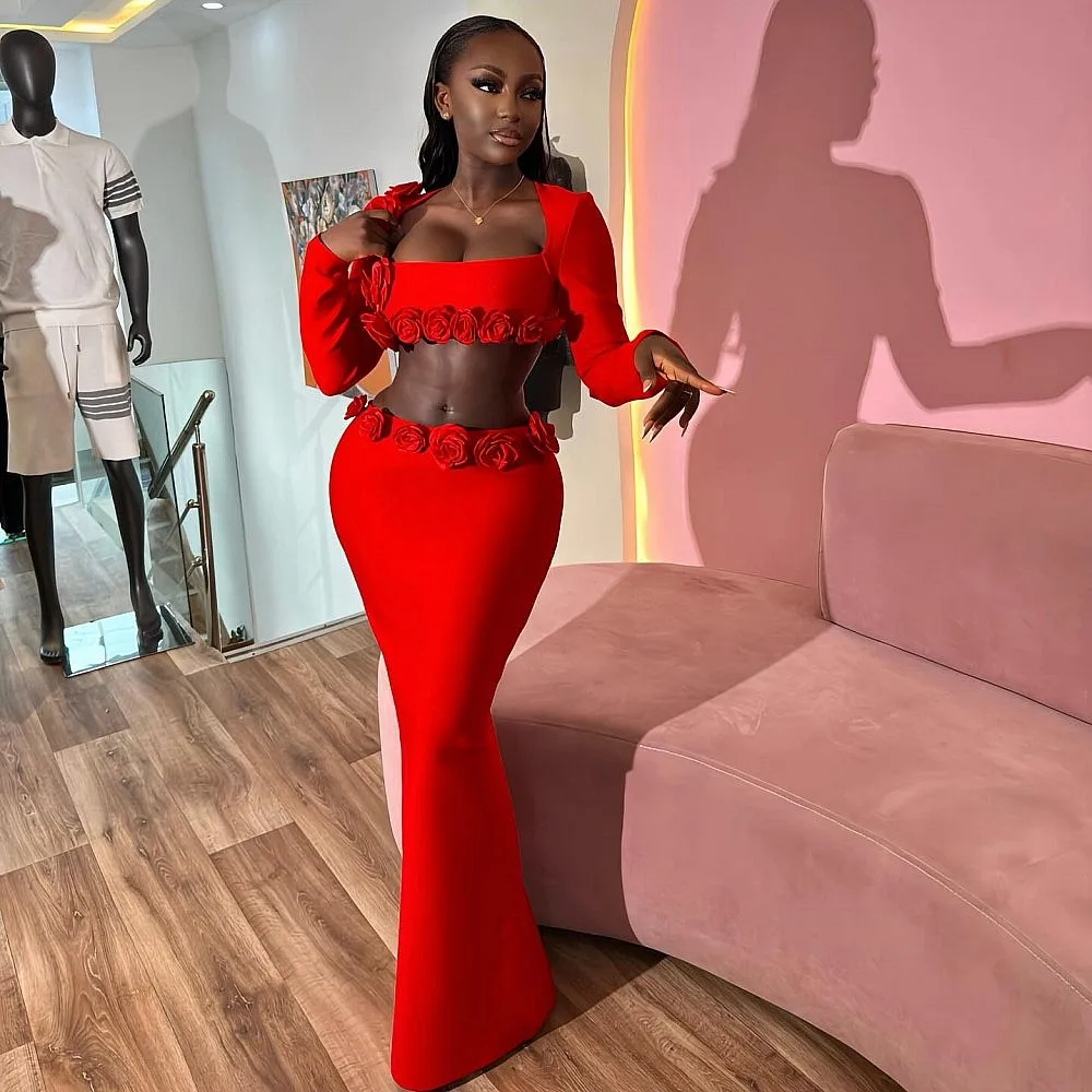 

Red Christmas Mermaid Prom Dresses With Handmade Flowers Two Pieces Sexy Evening Party Dress Simple Satin Aso Ebi Birthday Gowns