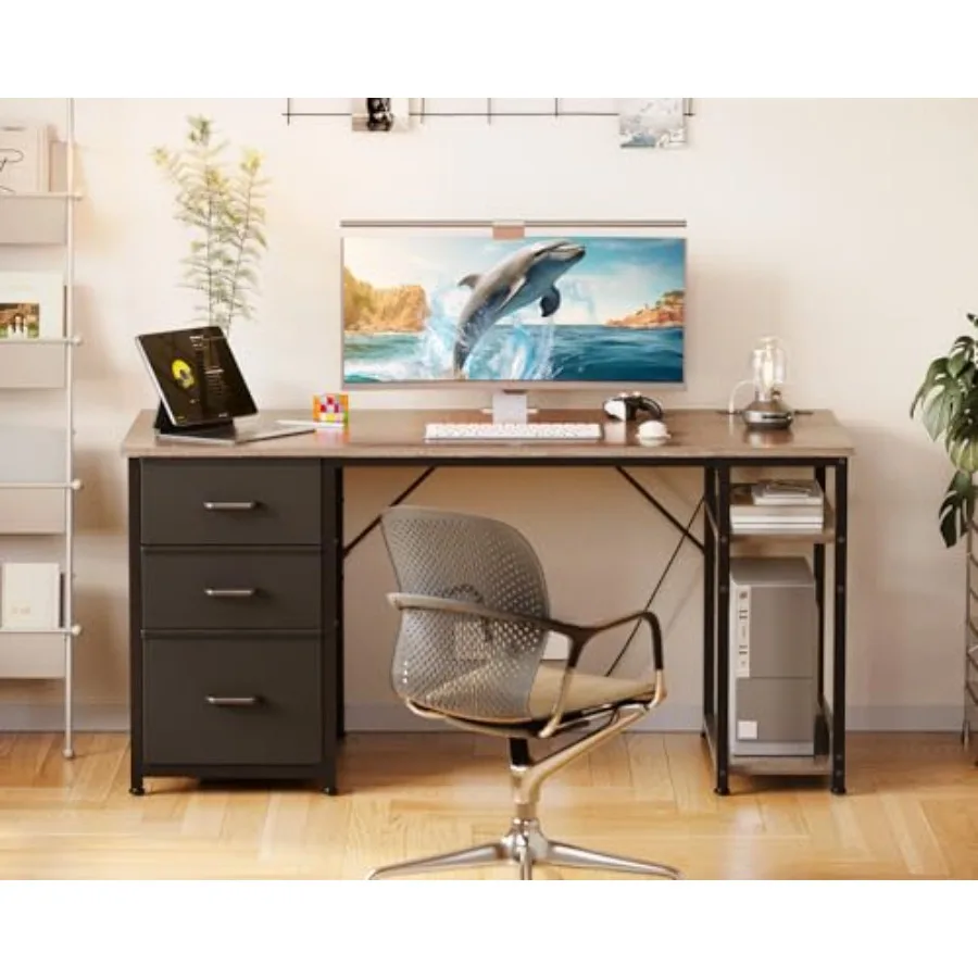 Computer Desk with Drawers USB Power Outlets for home office use, engineered wood in white, scratch-resistant surface and cable