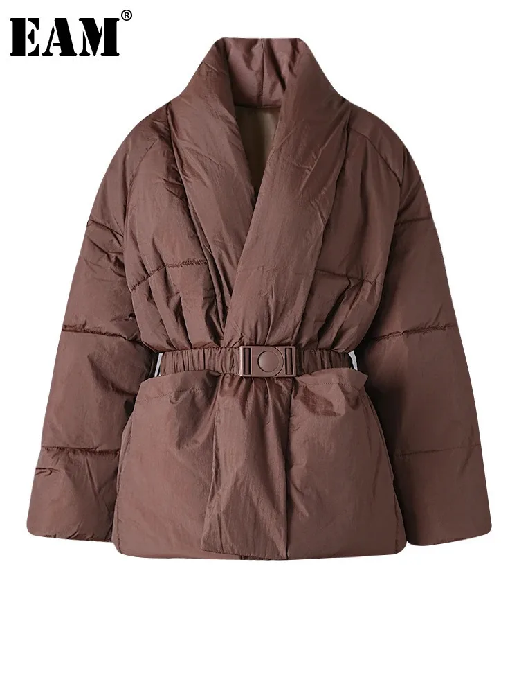 [EAM] Brown Belted Big Size Keep Warm Cotton-padded Coat Long Sleeve Women Parkas Fashion Tide New Autumn Winter 2025 2Z2885