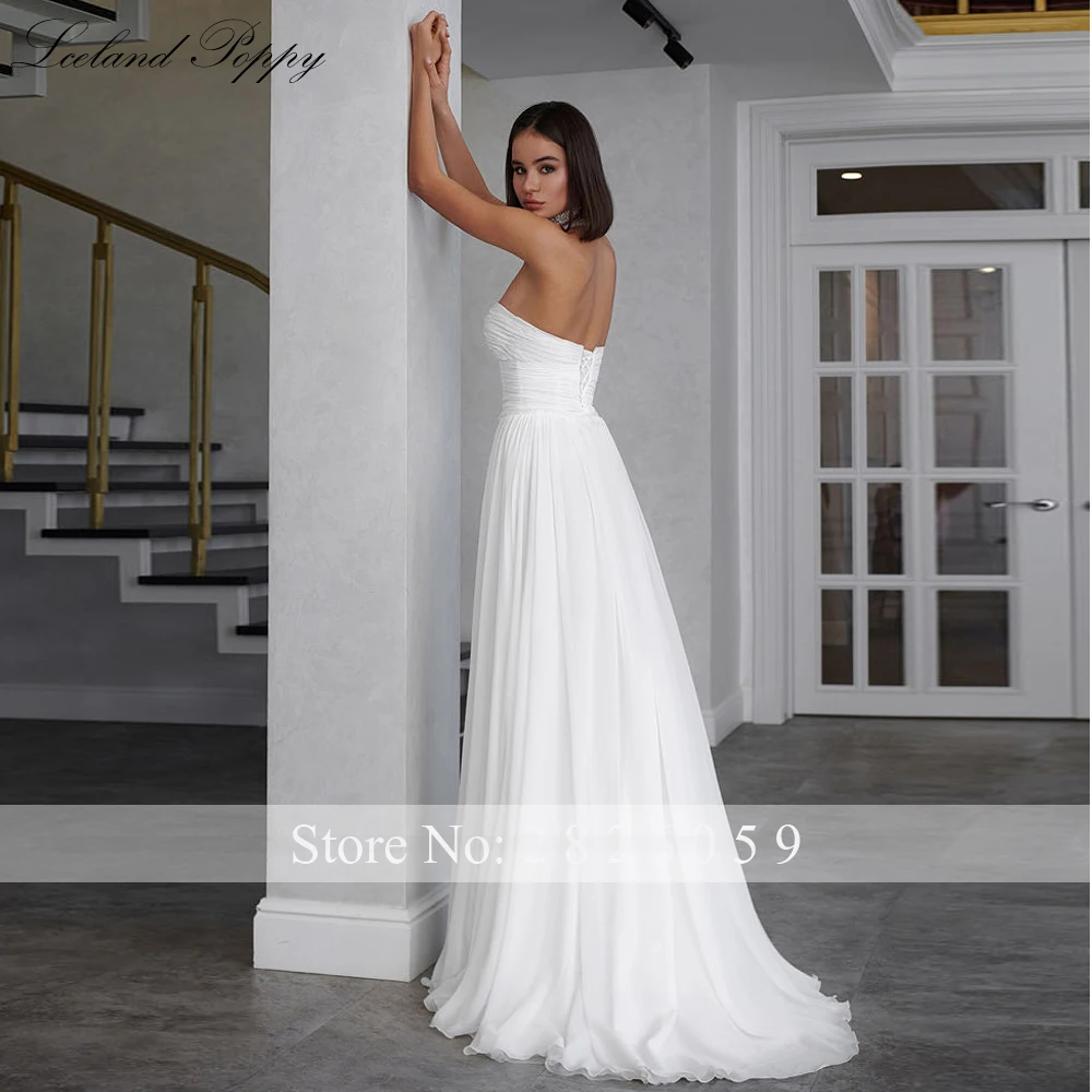 Lceland Poppy Customized A Line Strapless Chiffon Wedding Dresses Floor Length High Slit Pleated Sleeveless Bridal Gowns