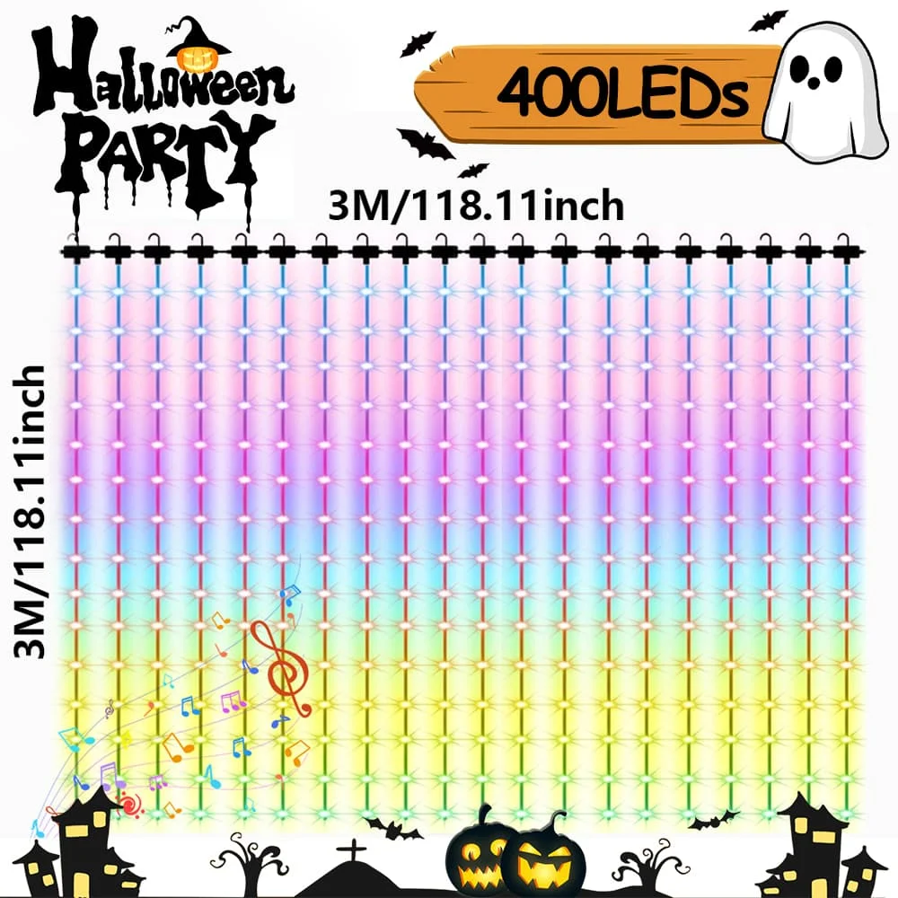 Christmas Halloween RGBIC Curtain Lights APP Control DIY Text,Smart 400 LED String Light Indoor Outdoor Decor IP65 Waterproof