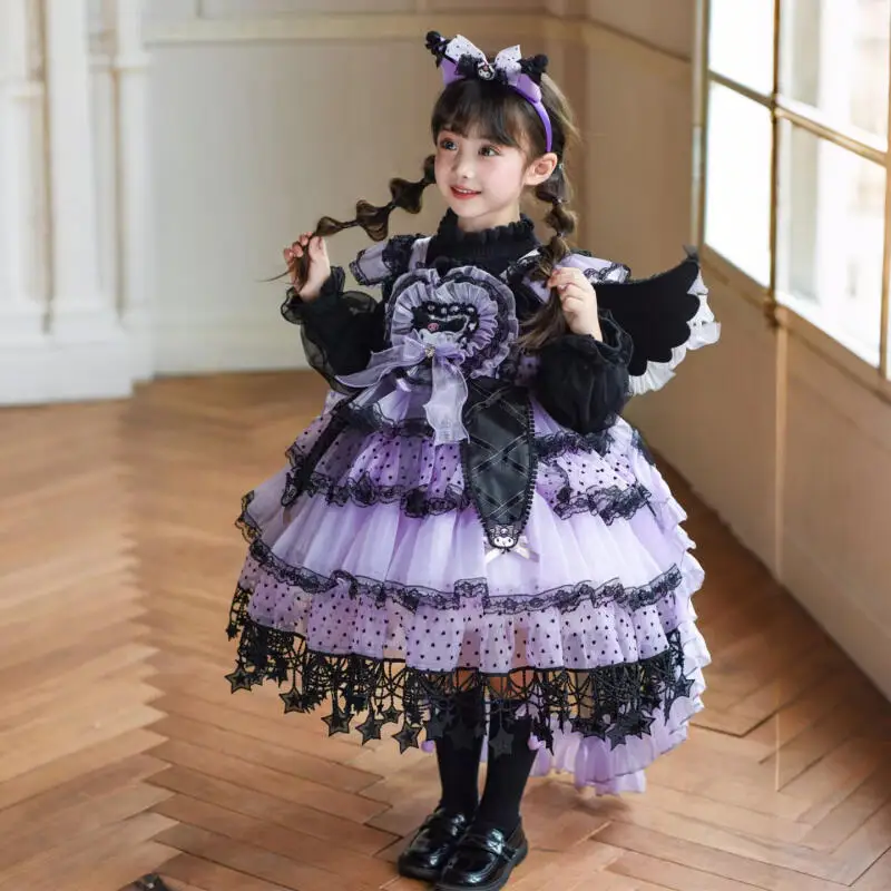 

Платье принцессы Лолиты в стиле аниме Kuromi для девочек со звездным орнаментом - кружевная пышная юбка, детское бальное платье на Хэллоуин, фестиваль, подарок