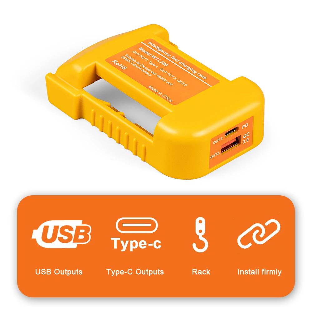 Adaptador de Carregamento Rápido Compatível com Bateria Dewalt, Rack Portátil, Interface Dupla, Power Bank, 18V, 54V, 20V, 60V Ferramenta