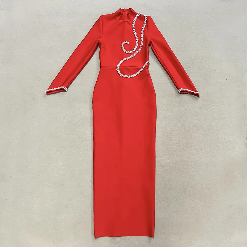 Brillant cristal moulante longue robe de pansement noir rouge femmes à manches longues robes élégante soirée Cocktail tenue Vestido