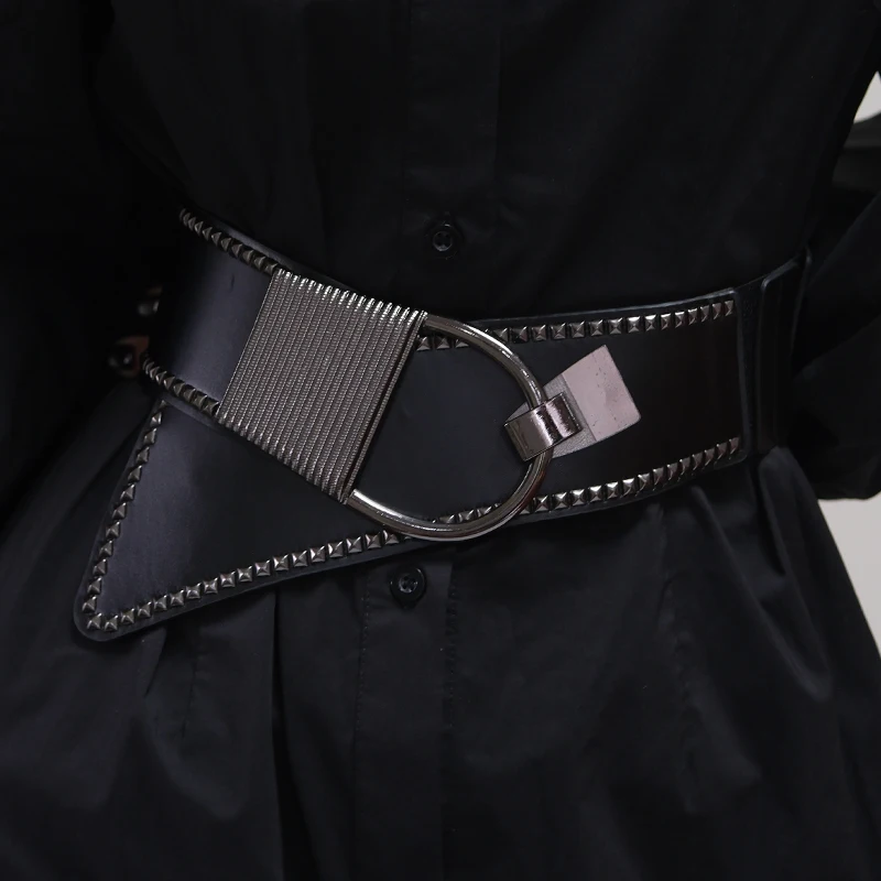 Ladies\' diagonal wide waistband 2024 black fashion rivet punk style versatile wide belt with dress decoration belt
