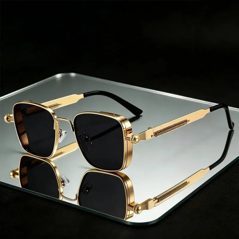Polarized Sunglasses for Men Anti-UV Driving Glasses Fashion Metal Punk Style Sunglasses with Spring Hinges Women Eyepiece