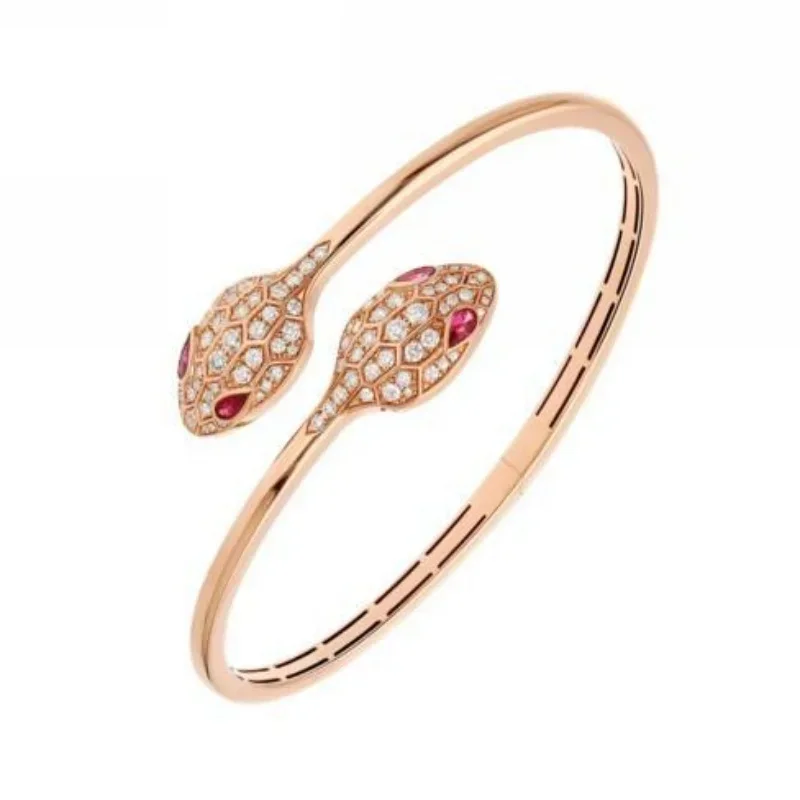 

Rose Gold Double Snake Bangle with Diamond and Ruby Accents