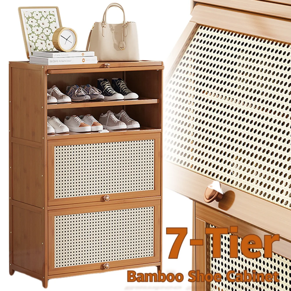 

7-Tier Shoe Rack Storage Organizer with Flip Drawers & Door Entryway Bamboo Shoe Cabinet for Sneakers Leather Shoes High Heels