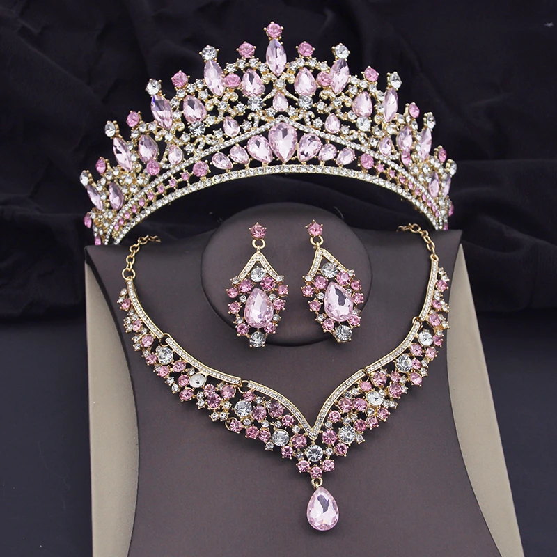 Green Crystal Crown Wedding Necklace Earring Sets Luxury Bridal Jewelry Sets for Women Prom Tiaras Bride Dubai Jewelry Sets