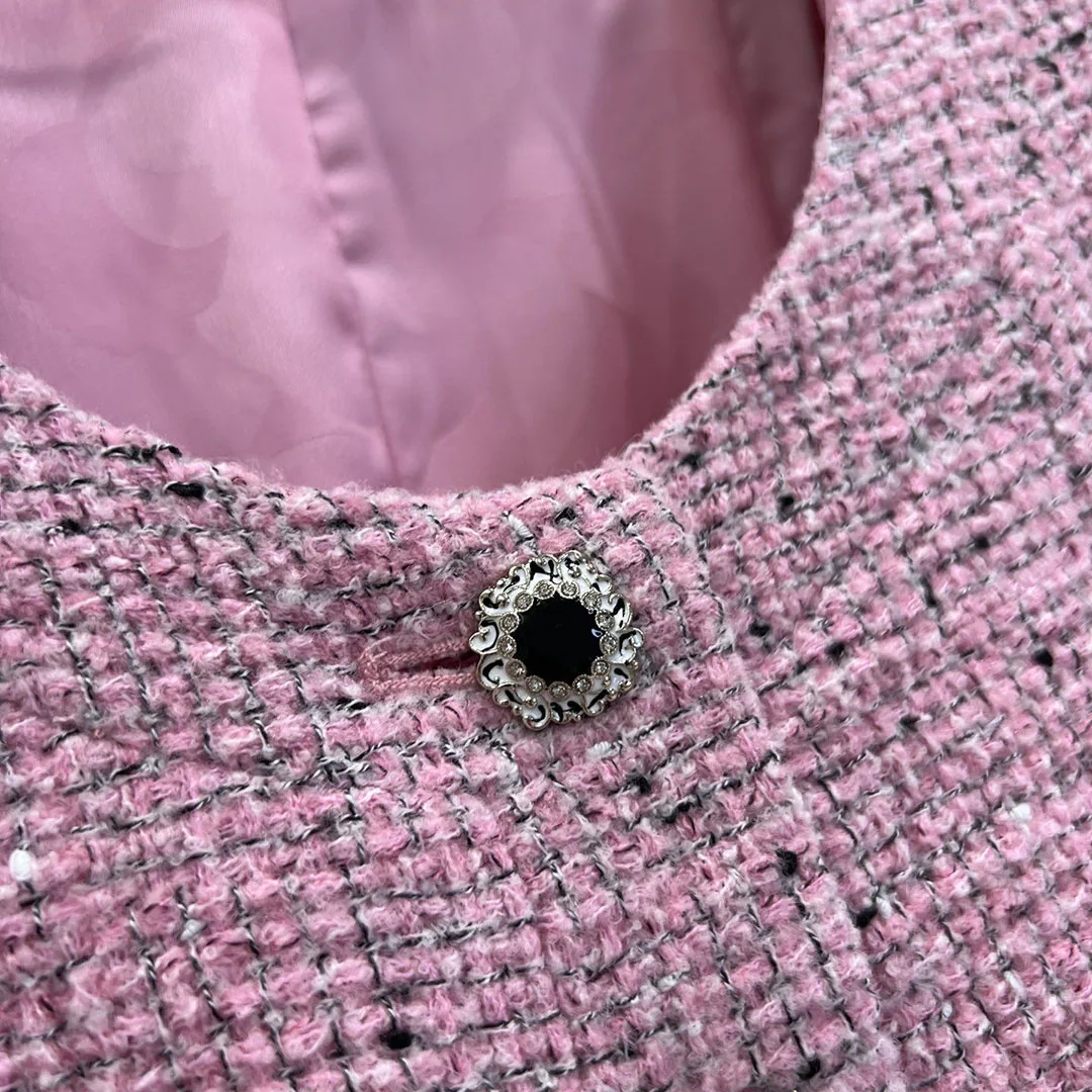 Luxury Vintage Pink Wool Blends Woven Tweed Coat Women O-neck Short Sleeve Single Breasted New Spring Sweet Short Jacket
