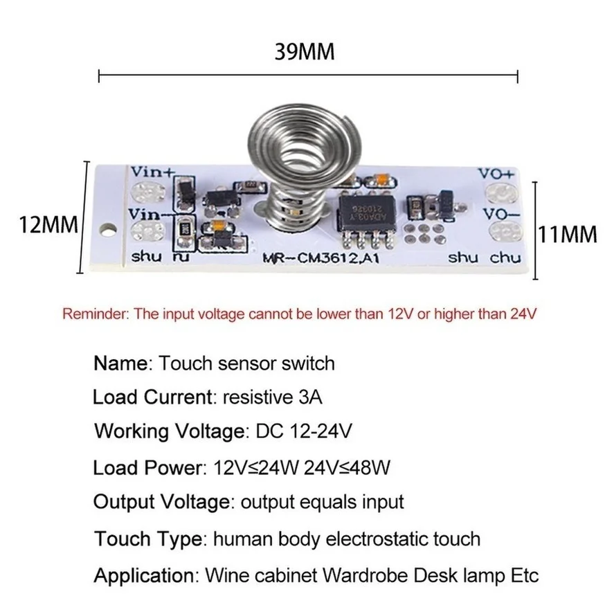 LEDストリップライト用静電容量式タッチセンサースイッチ,dc12v 24v,スプリング調光器,オン/オフスイッチモジュール,36w 3a