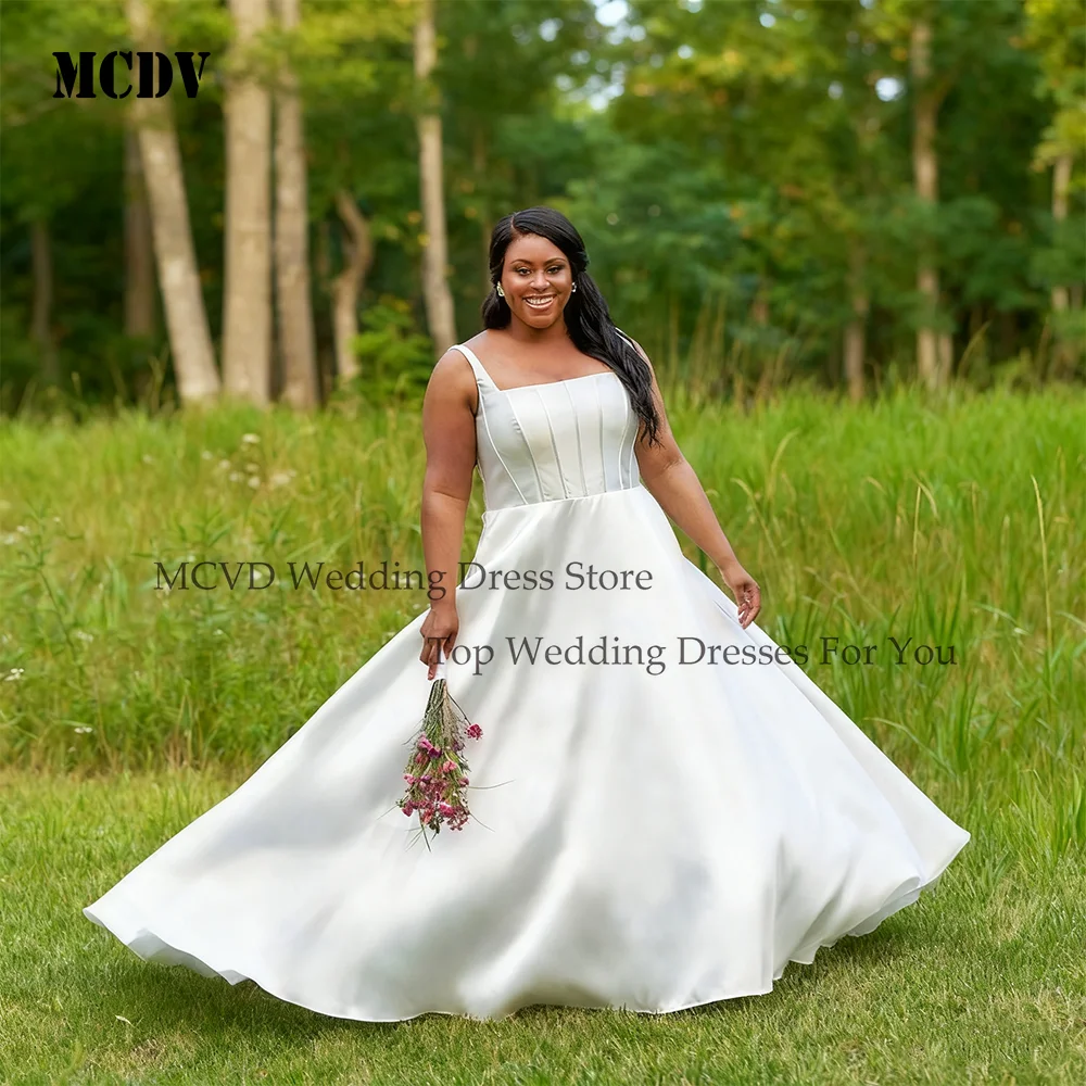 

MCDV Elegant Satin Wedding Dresses Plus Size Women Spaghetti Straps A-Line Bride Gowns Customized robe de mariée grande taille