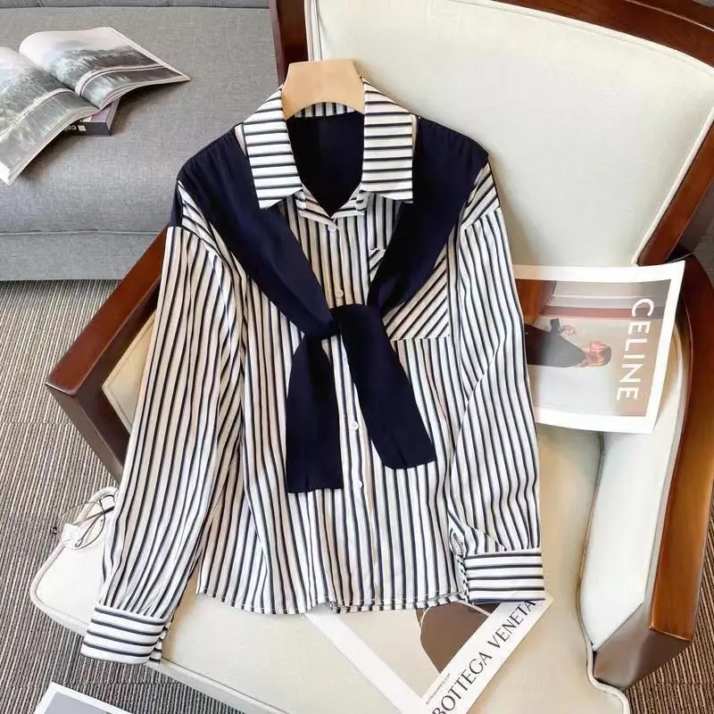 

Scarf Collar Stripes Long Sleeve Shirt 2026 New Spring Autumn Women Office Top Exquisite Female Fashion Long Sleeve T-shirt