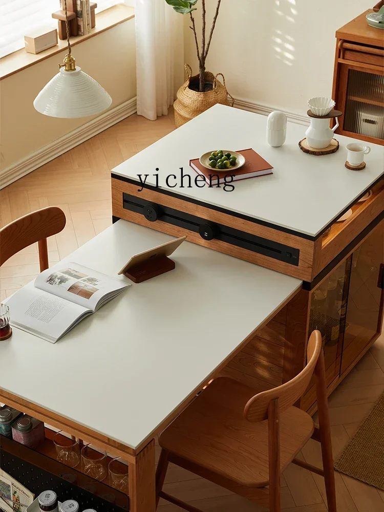 cherry wood island table integrated square multi-functional cream wind solid wood retractable bar table home accessories