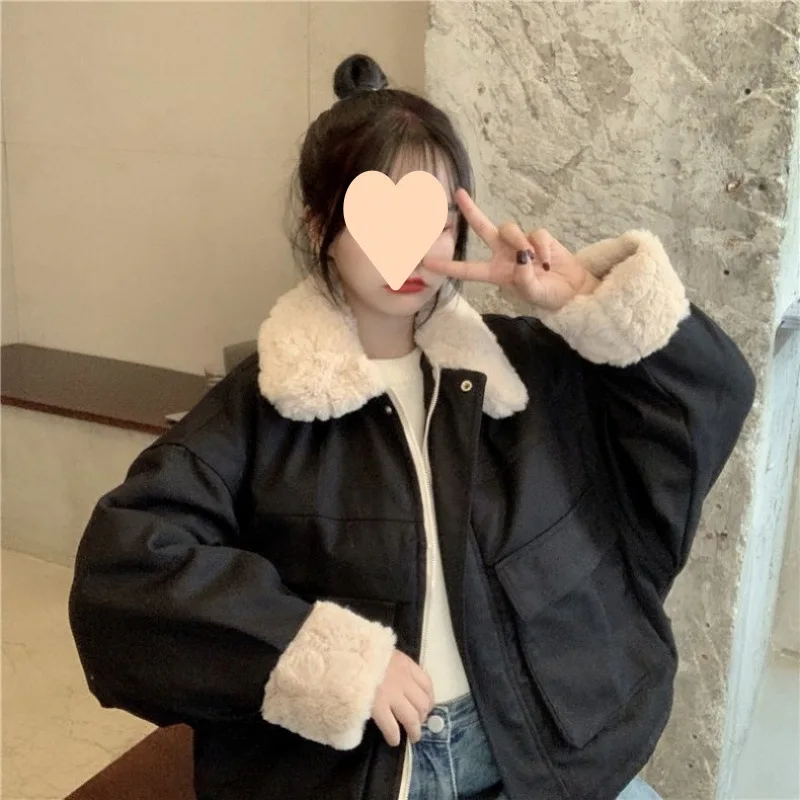 

winter short style fleece-lined thicken fur collar cotton-padded jacket coat Women's Ethereal fashionable casual solid top